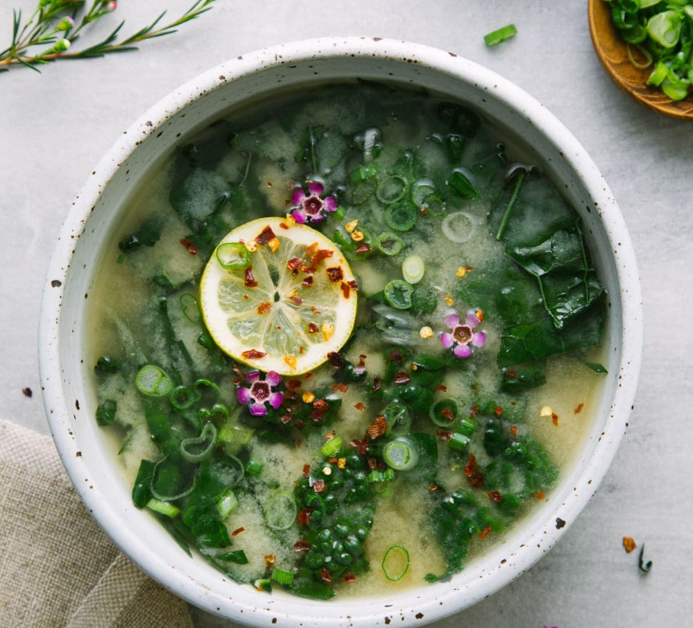 ROASTED GARLIC MISO SOUP WITH GREENS